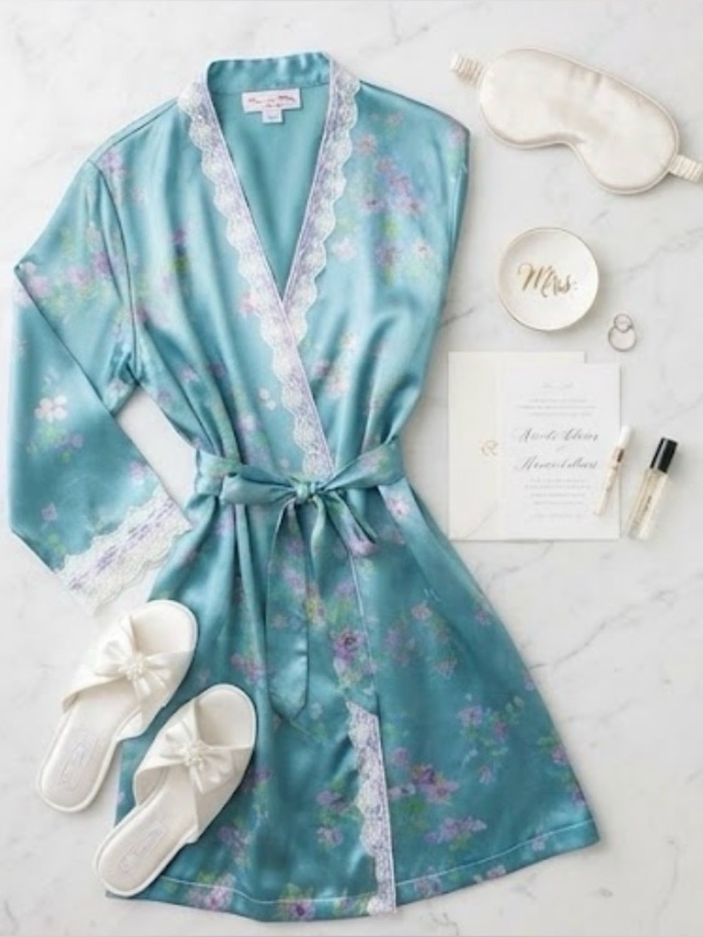 Vintage Oscar de la Renta Pink Label Teal Blue Floral Satin Lace Robe SZ S
